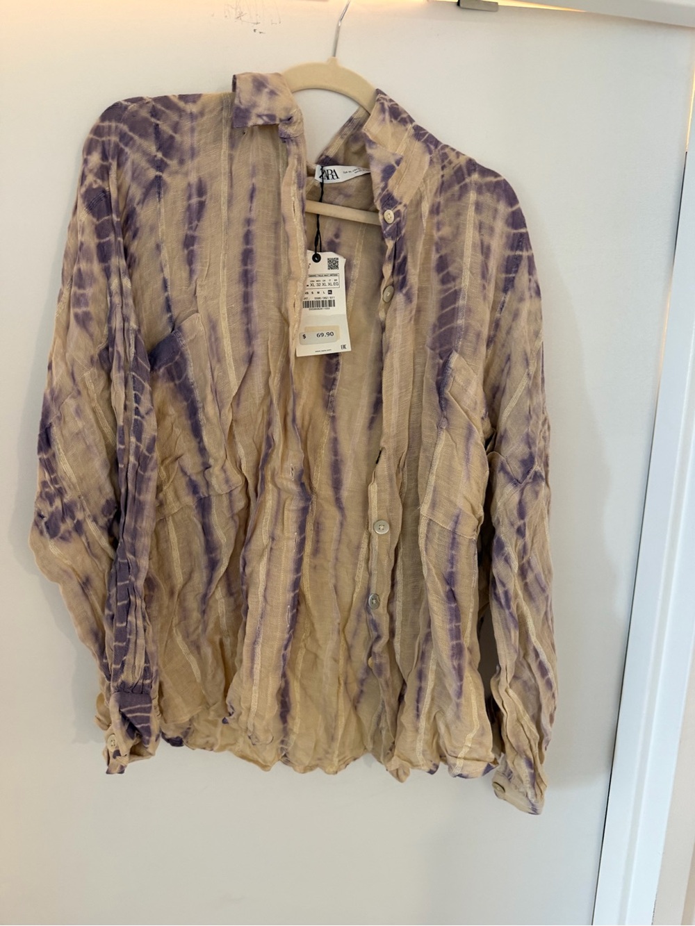 Zara Beige and Purple Tie-Dye Button Down Shirt